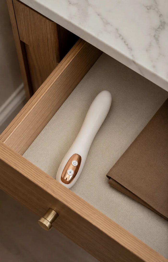 Trundes Nova stored discreetly in a clean nightstand drawer