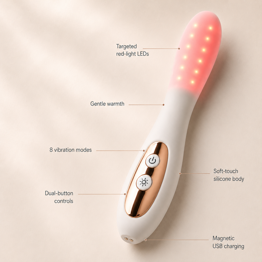 Annotated Nova device showing its controls, red-light surface, warmth, vibration, and charging connection