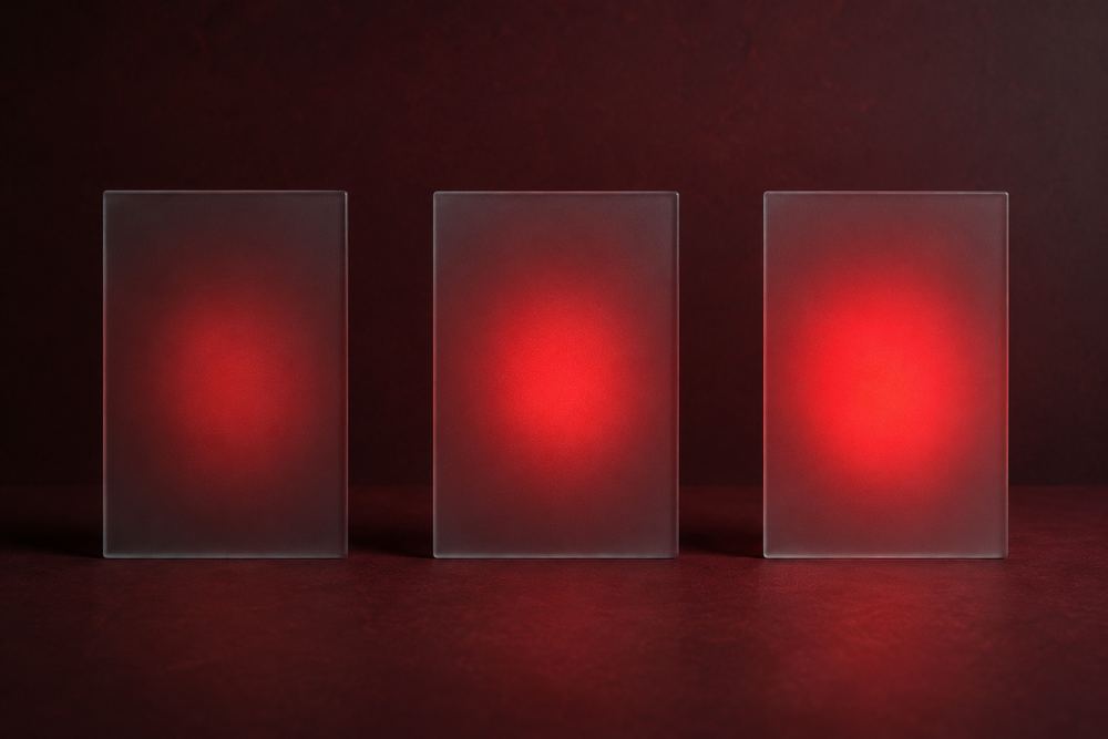 Three equal areas illuminated with increasing red light intensity