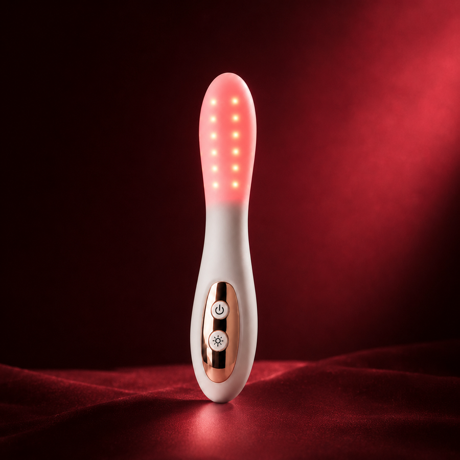 Nova device illuminated to show its red-light and warmth experience