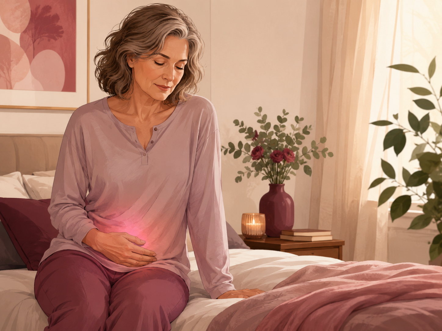 A mature woman sitting privately at home while reflecting on an unexpected physical change.