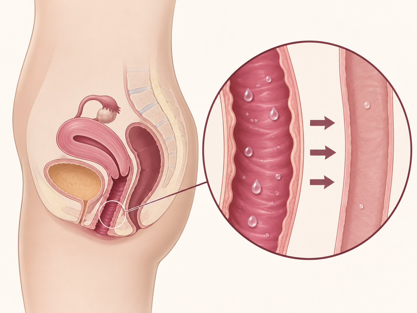 Educational pelvic illustration comparing moist folded vaginal tissue with thinner drier tissue.