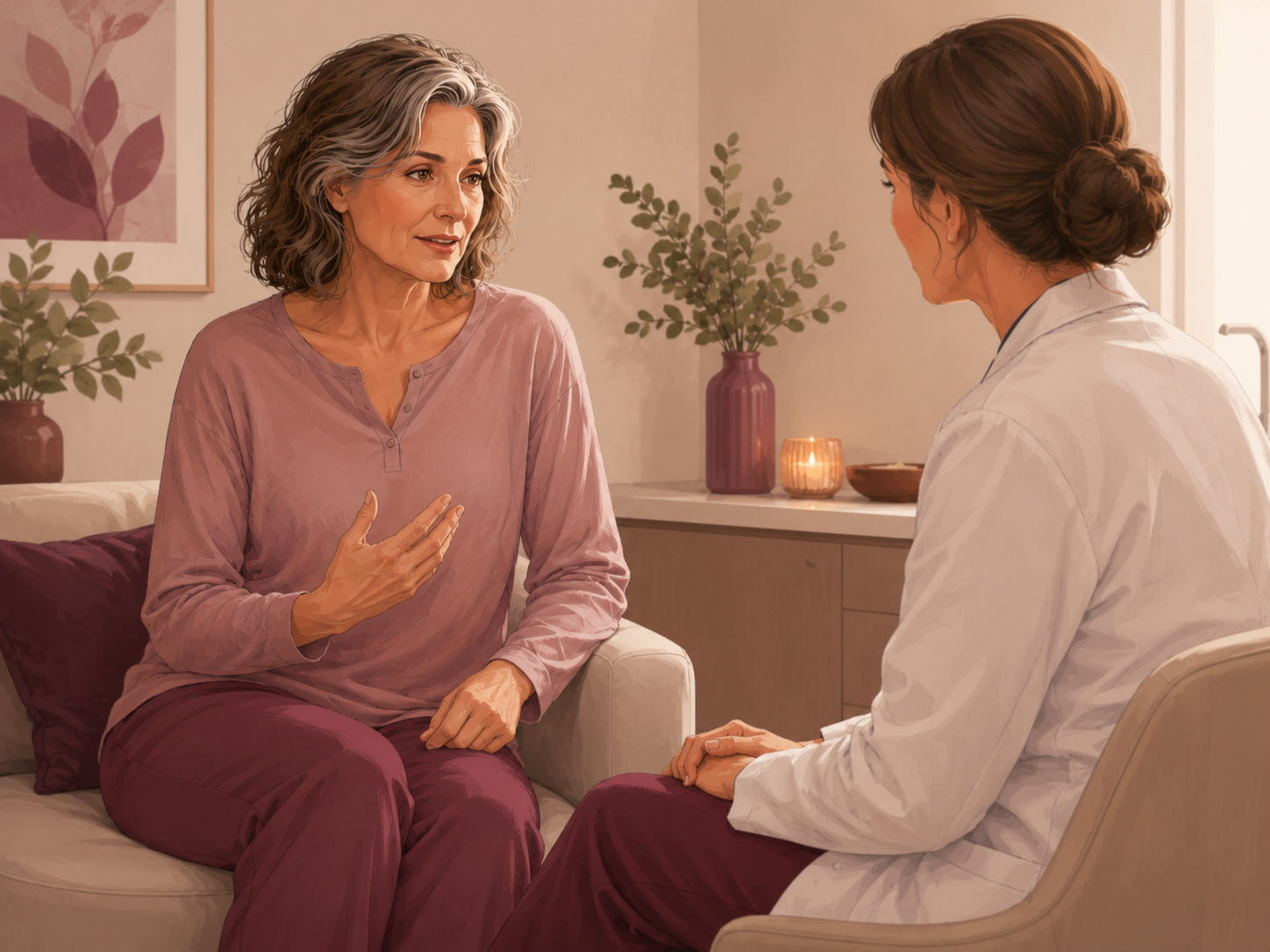 A mature woman having a private conversation with a healthcare professional.